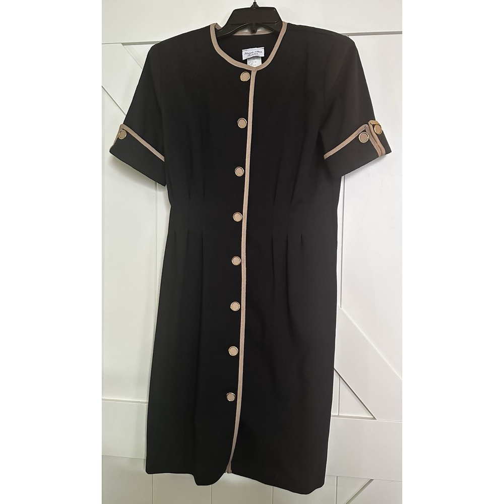 Vintage Stuart Alan Women's 10 Petite Sheath Button Dress Black Shoulder Pads EC